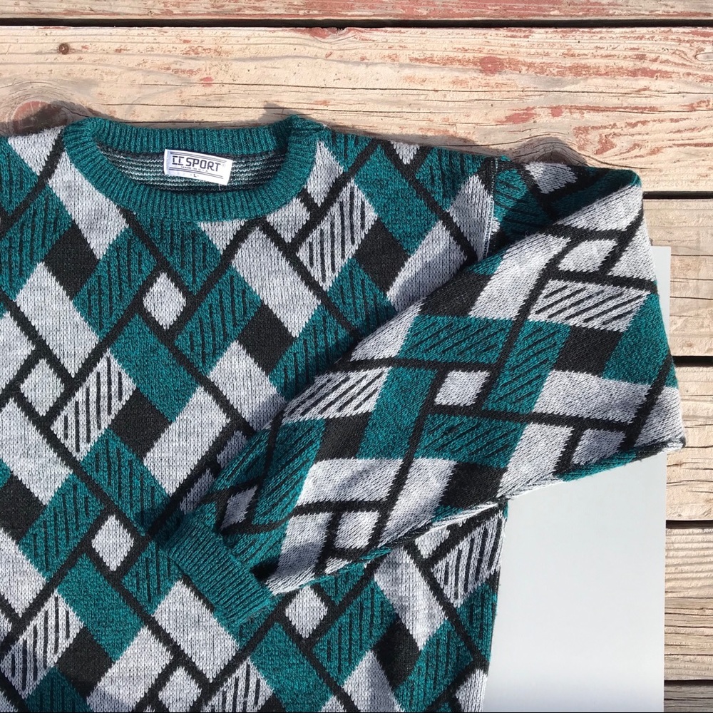 Vintage CC Sport Teal Geometric Grandpa Sweater B5